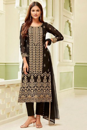 Excellent Black Georgette Embroidered Designer Salwar Suit With Chiffon Dupatta