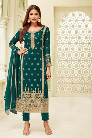 Pretty Green Georgette Embroidered Designer Salwar Suit With Chiffon Dupatta