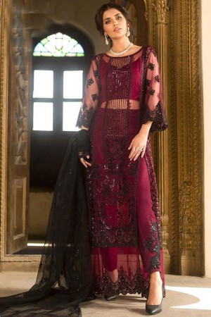 Lovely Maroon Net Embroidered Designer Pakistani Salwar Suit With Net Dupatta