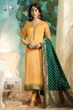 Lovely Yellow Satin and Georgette Embroidered Designer Salwar Suit With Banarasi Silk Dupatta