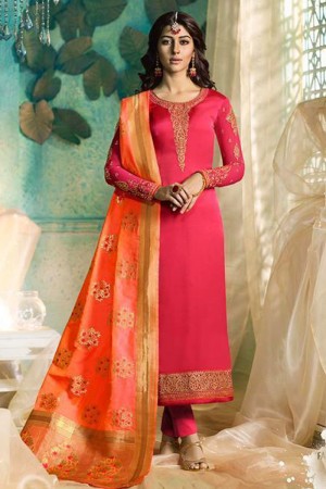Admirable Magenta Satin and Georgette Embroidered Designer Salwar Suit With Banarasi Silk Dupatta