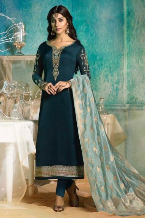 Ultimate Teal Satin and Georgette Embroidered Designer Salwar Suit With Banarasi Silk Dupatta