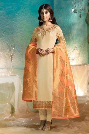 Pretty Cream Satin and Georgette Embroidered Designer Salwar Suit With Banarasi Silk Dupatta