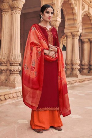 Optimum Maroon Satin and Georgette Embroidered Designer Plazo Salwar Suit With Silk Dupatta