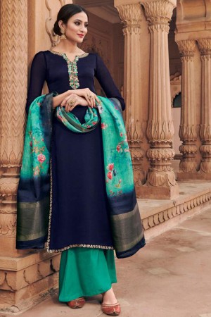 Lovely Navy Blue Satin and Georgette Embroidered Designer Plazo Salwar Suit With Silk Dupatta