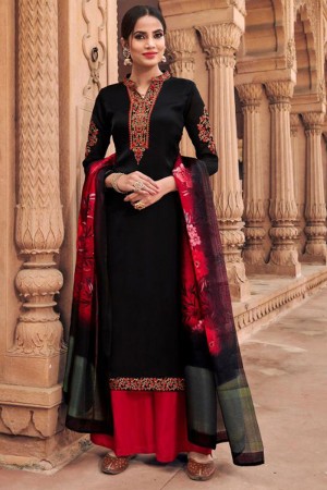 Admirable Black Satin and Georgette Embroidered Designer Plazo Salwar Suit With Silk Dupatta