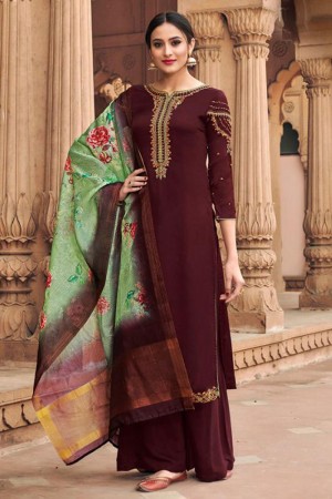 Gorgeous Maroon Satin and Georgette Embroidered Designer Plazo Salwar Suit With Silk Dupatta