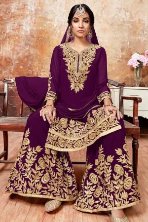 Desirable Violet Faux Georgette Embroidered Designer Plazo Salwar Suit With Chiffon Dupatta