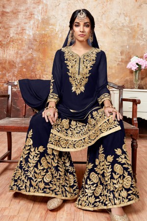Pretty Navy Blue Faux Georgette Embroidered Designer Plazo Salwar Suit With Chiffon Dupatta