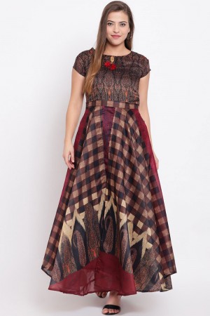 Beautiful Brown and Maroon Cotton Designer Printed Party Wear Kurti