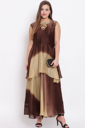 Ultimate Brown and Beige Cotton Designer Printed Party Wear Kurti