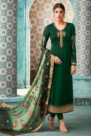 Pretty Green Faux Georgette Embroidered Designer Salwar Suit With Banarasi Silk Dupatta