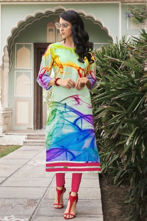 Excellent Turquoise Rayon Designer Printed Party Wear Kurti