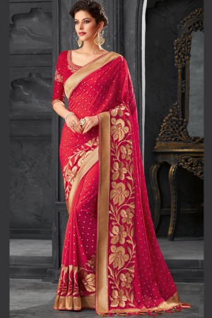 Supreme Red Silk Embroidered Saree With Silk Blouse