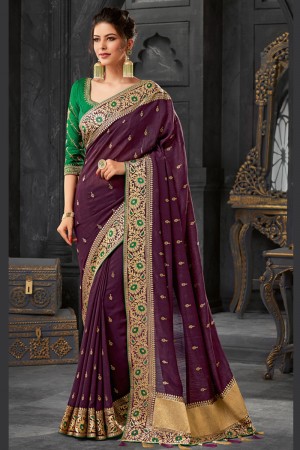 Ultimate Purple Silk Embroidered Saree With Silk Blouse