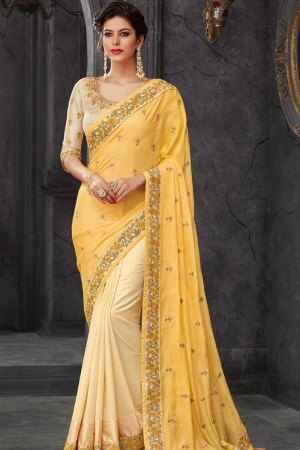 Excellent Yellow and Cream Silk Embroidered Saree With Silk Blouse