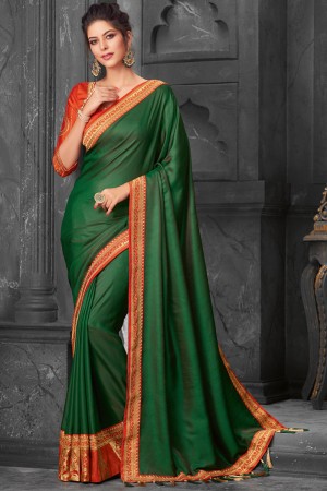 Charming Green Embroidered Saree With Silk Blouse