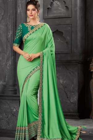Gorgeous Green Silk Embroidered Saree With Silk Blouse