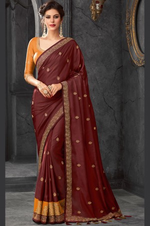 Classic Maroon Silk Embroidered Saree With Silk Blouse