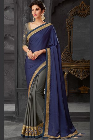 Optimum Blue and Grey Silk Embroidered Saree With Silk Blouse