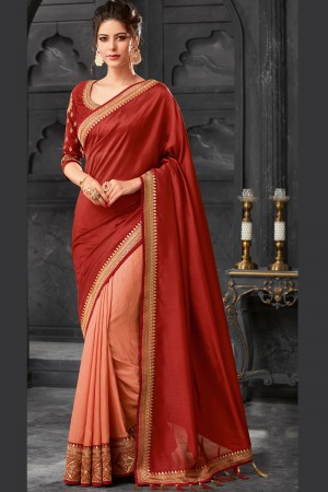 Graceful Rust and Peach Silk Embroidered Saree With Silk Blouse