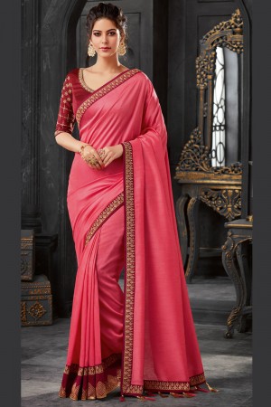 Desirable Pink Silk Embroidered Saree With Silk Blouse