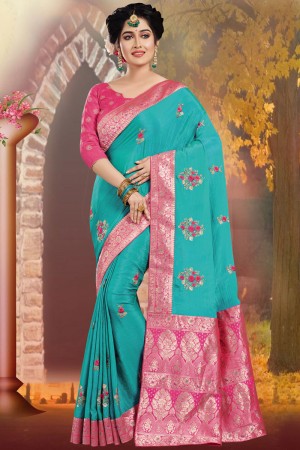 Stylish Sky Blue Embroidered Silk Saree With Silk Blouse