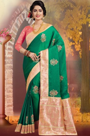 Classic Green Embroidered Silk Saree With Silk Blouse