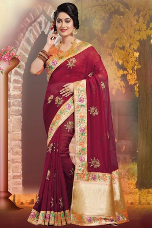 Ultimate Maroon Embroidered Silk Saree With Silk Blouse