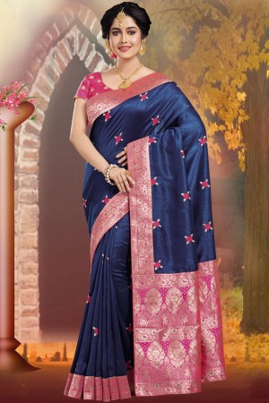Classic Navy Blue Embroidered Saree With Silk Blouse