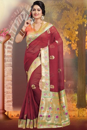 Admirable Maroon Embroidered Silk Saree With Silk Blouse