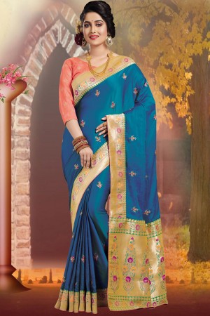 Graceful Blue Embroidered Silk Saree With Silk Blouse