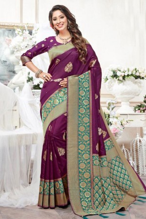 Lovely Violet Silk Jaquard Work Saree With Silk Blouse