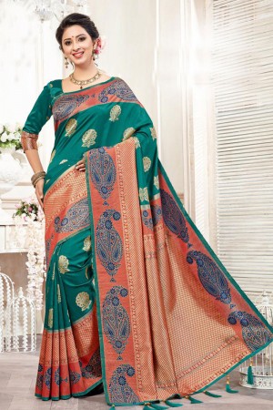 Charming Teal Silk Jaquard Work Saree With Silk Blouse