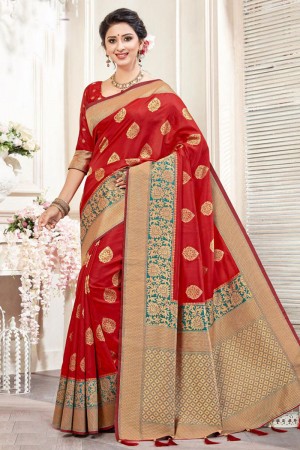 Stylish Red Silk Jaquard Work Saree With Silk Blouse