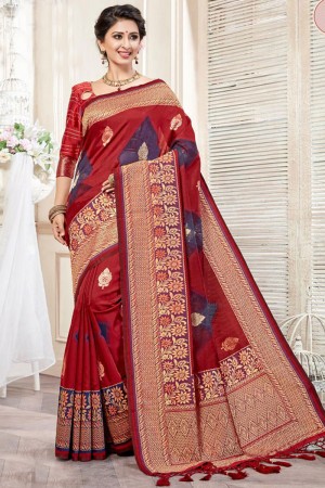 Supreme Red Silk Jaquard Work Saree With Silk Blouse