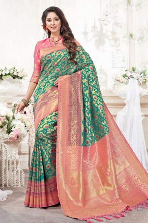 Classic Green and Peach Silk Jaquard Work Saree With Silk Blouse