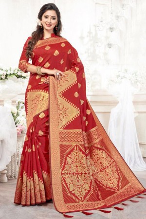 Desirable Red Silk Jaquard Work Saree With Silk Blouse
