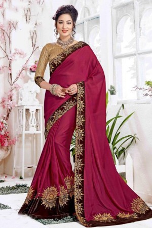 Gorgeous Maroon Silk Embroidered Saree With Brocade Blouse