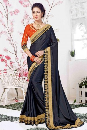 Classic Navy Blue Silk Embroidered Saree With Banglori Silk Blouse