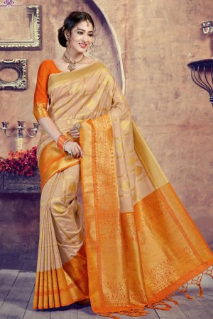 Stylish Cream and Orange Silk Jaquard Work Saree With Silk Blouse