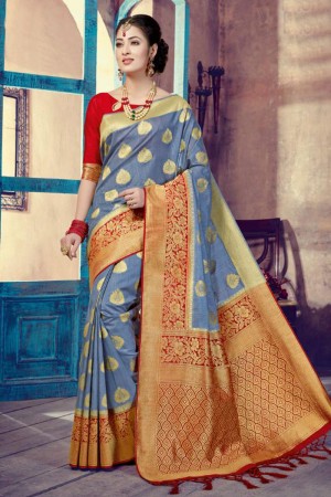 Ultimate Blue and Red Silk Jaquard Work Saree With Silk Blouse