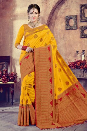 Pretty Yellow Silk Jaquard Work Saree With Silk Blouse