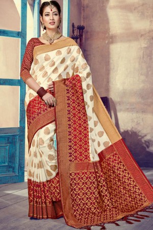 Classic White and Red Silk Jaquard Work Saree With Silk Blouse