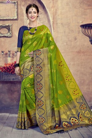 Gorgeous Green Silk Jaquard Work Saree With Silk Blouse