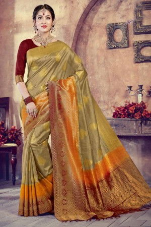 Charming Golden Silk Jaquard Work Saree With Silk Blouse