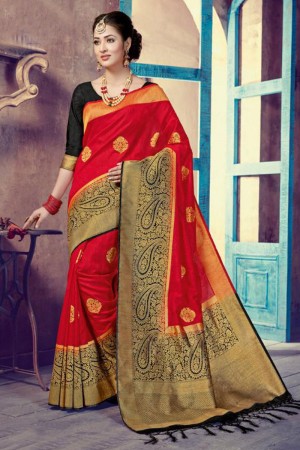 Graceful Red and Black Silk Jaquard Work Saree With Silk Blouse