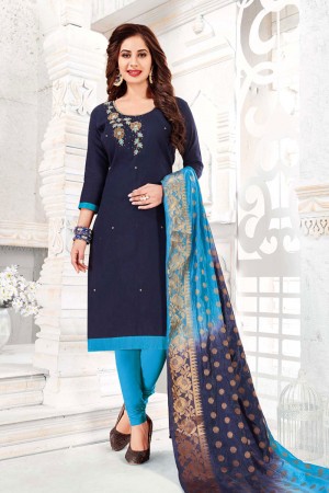 Lovely Navy Blue Cotton Embroidered Casual Salwar Suit With Banarasi Silk Dupatta