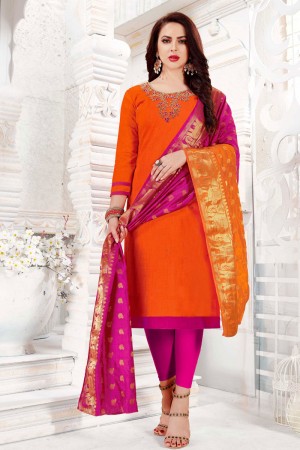 Optimum Orange Cotton Embroidered Casual Salwar Suit With Banarasi Silk Dupatta
