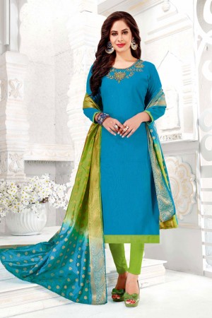 Stylish Sky Blue Cotton Embroidered Casual Salwar Suit With Banarasi Silk Dupatta